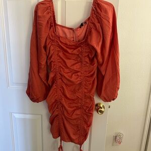 Ruched Mini Dress - Rust Orange